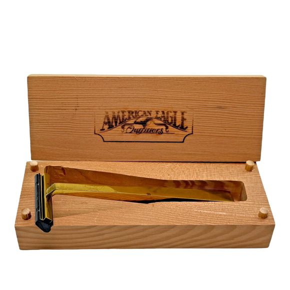 VTG 1980's Solid Brass Shaving Razor American Eagle Outfitters w/ Wood Box Case - Picture 1 of 10